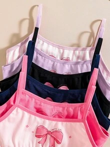 6件組青少年女孩情人節可愛心形蝴蝶結印花純棉背心內褲，校園風，丁香紫、粉色、桃紅色、淺粉色，秋季款 - 彩色 - 查看 5