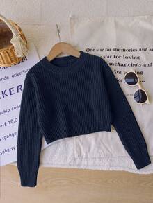 SHEIN Genkimix Kids Tween Girl Girls Navy Blue Ribbed Knit Sweater, Soft Cozy Stretch Pullover, Long Sleeve Casual Basic Crop Top For Children, Warm School Autumn - Navy Blue - View 1