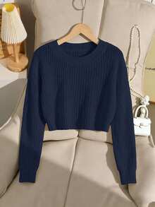 SHEIN Genkimix Kids Tween Girl Girls Navy Blue Ribbed Knit Sweater, Soft Cozy Stretch Pullover, Long Sleeve Casual Basic Crop Top For Children, Warm School Autumn - Navy Blue - View 3