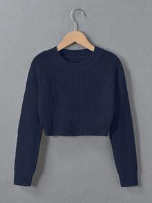 SHEIN Genkimix Kids Tween Girl Girls Navy Blue Ribbed Knit Sweater, Soft Cozy Stretch Pullover, Long Sleeve Casual Basic Crop Top For Children, Warm School Autumn - Navy Blue - View 4