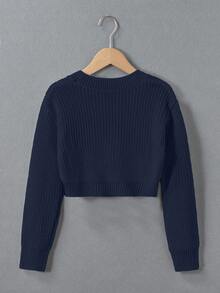SHEIN Genkimix Kids Tween Girl Girls Navy Blue Ribbed Knit Sweater, Soft Cozy Stretch Pullover, Long Sleeve Casual Basic Crop Top For Children, Warm School Autumn - Navy Blue - View 2