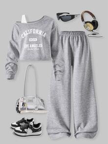 SHEIN Teen Girls Fall Outfits Tops 2pcs/Set Autumn Back-To-School Clothing Holiday Casual Streetwear Baggy Comfortable Sixth Form Formal Gray - Light Grey - View 4