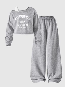 SHEIN Teen Girls Fall Outfits Tops 2pcs/Set Autumn Back-To-School Clothing Holiday Casual Streetwear Baggy Comfortable Sixth Form Formal Gray - Light Grey - View 5