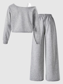 SHEIN Teen Girls Fall Outfits Tops 2pcs/Set Autumn Back-To-School Clothing Holiday Casual Streetwear Baggy Comfortable Sixth Form Formal Gray - Light Grey - View 3