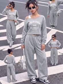 SHEIN Teen Girls Fall Outfits Tops 2pcs/Set Autumn Back-To-School Clothing Holiday Casual Streetwear Baggy Comfortable Sixth Form Formal Gray - Light Grey - View 2