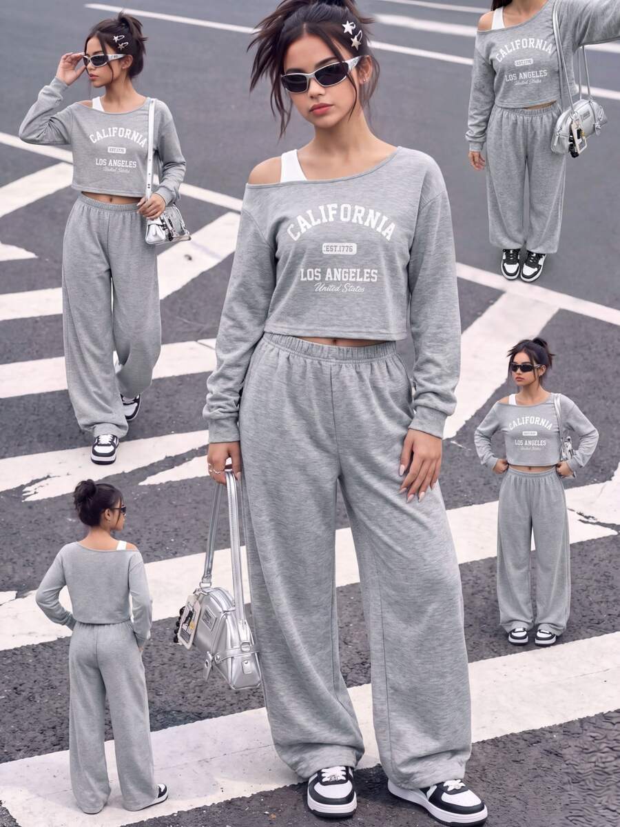 SHEIN Teen Girls Fall Outfits Tops 2pcs/Set Autumn Back-To-School Clothing Holiday Casual Streetwear Baggy Comfortable Sixth Form Formal Gray