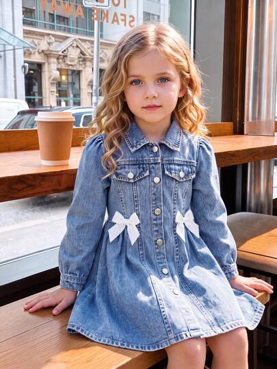 Elladie kids Young Girls' Long Sleeve Denim Dress,Baby Blue Washed,Sweet Cute College Style Cowgirl With 3D Bow Decor,Collar Design,Puff Sleeve,Spring Autumn