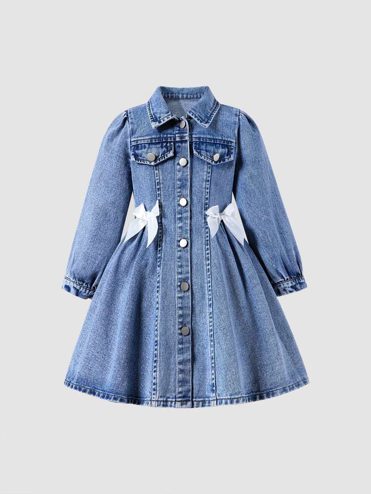 Elladie kids Young Girls' Long Sleeve Denim Dress,Baby Blue Washed,Sweet Cute College Style Cowgirl With 3D Bow Decor,Collar Design,Puff Sleeve,Spring Autumn - Dark Wash - View 4