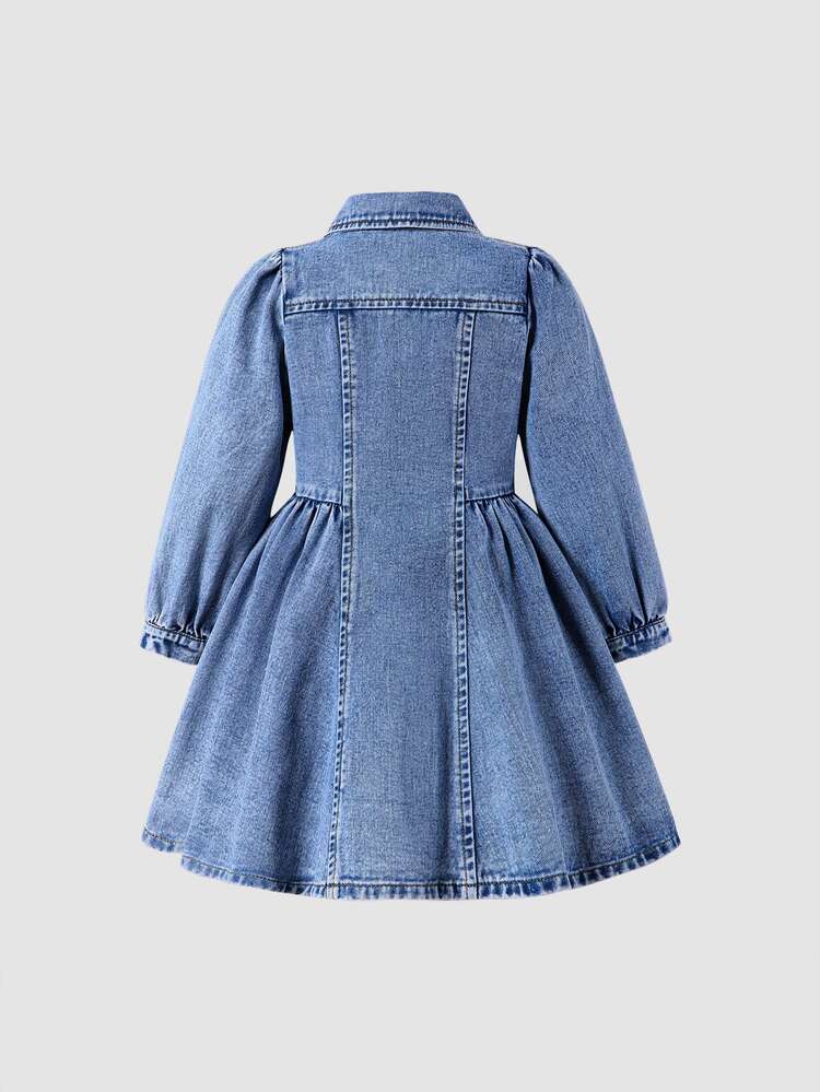 Elladie kids Young Girls' Long Sleeve Denim Dress,Baby Blue Washed,Sweet Cute College Style Cowgirl With 3D Bow Decor,Collar Design,Puff Sleeve,Spring Autumn - Dark Wash - View 2