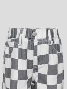 SHEIN 女童牛仔褲 開學季夏季新款 可愛牛仔女孩風 休閒藍色格紋 寬鬆大寬腿 柔軟日常穿著 幼兒校園通勤牛仔褲 - 灰色 - 查看 10