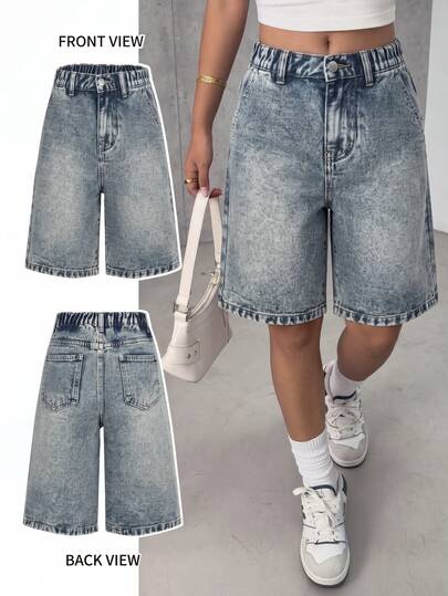 SHEIN Tween女孩Y2K街頭風戶外休閒水洗做舊彈性腰鬆垮牛仔短褲 淺藍色 夏季校園假期穿搭