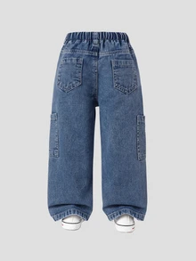 SHEIN ChillGRL Girls' Full Elastic Waist Adjustable Drawstring Sweet Cowgirl Floral Embroidered Multi-Pocket Denim Mid Blue Pants Summer Western - Dark Wash - View 2