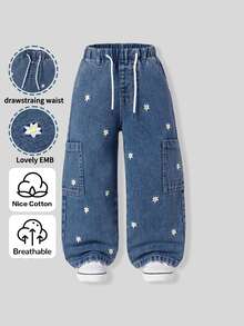 SHEIN ChillGRL Girls' Full Elastic Waist Adjustable Drawstring Sweet Cowgirl Floral Embroidered Multi-Pocket Denim Mid Blue Pants Summer Western - Dark Wash - View 3
