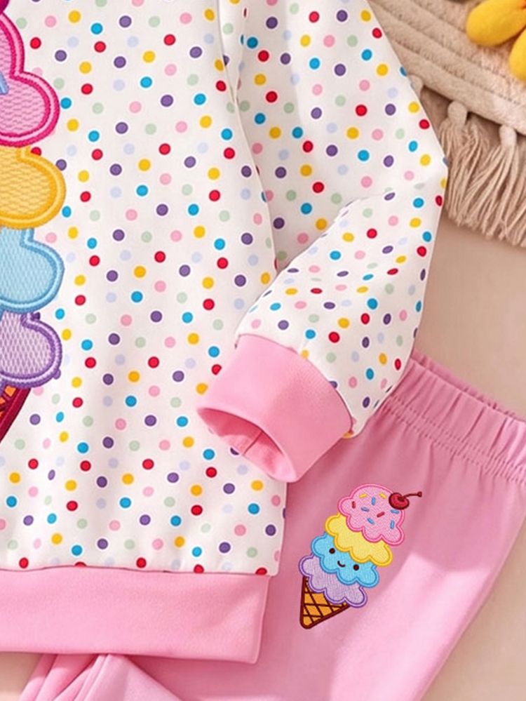 SHEIN 1 Set Girls Toddler Polka Dot Ice Cream Print Crew Neck Sweatshirt + Fitted Long Pants Cute Pink Slim Fit Base Layer Leggings 2 Pieces Outfit - Multicolor - View 7