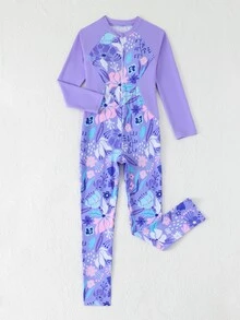 SHEIN 青少年女孩一件式新式泳衣 紫色拼接長袖長褲 花卉大亂花 運動時尚休閒 精緻優雅淑女風 亮眼活潑可愛俏皮 充滿活力 適合游泳、度假、夏季海灘、泳池拍照、水上樂園禮物 - 紫色 - 查看 7