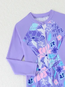 SHEIN 青少年女孩一件式新式泳衣 紫色拼接長袖長褲 花卉大亂花 運動時尚休閒 精緻優雅淑女風 亮眼活潑可愛俏皮 充滿活力 適合游泳、度假、夏季海灘、泳池拍照、水上樂園禮物 - 紫色 - 查看 5