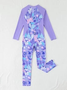 SHEIN 青少年女孩一件式新式泳衣 紫色拼接長袖長褲 花卉大亂花 運動時尚休閒 精緻優雅淑女風 亮眼活潑可愛俏皮 充滿活力 適合游泳、度假、夏季海灘、泳池拍照、水上樂園禮物 - 紫色 - 查看 3