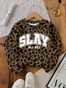 SHEIN 青少年女孩豹紋印花套頭運動衫，附 Slay All Day 圖案，寬鬆休閒圓領，全棕色斑馬紋，秋季街頭風校園穿搭 - 彩色 - 查看 1