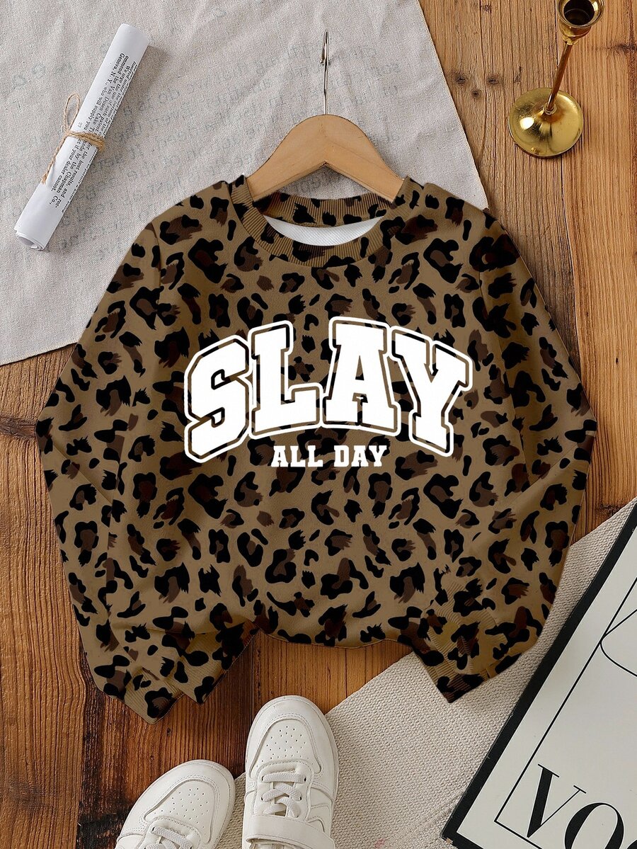 SHEIN 青少年女孩豹紋印花套頭運動衫，附 Slay All Day 圖案，寬鬆休閒圓領，全棕色斑馬紋，秋季街頭風校園穿搭 - 彩色 - 查看 1