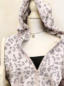 Girls' Soft Off-White Leopard Print Zip-Up Hooded Fleece Sweatshirt Jacket, Thick Fuzzy Lining, Loose Slouchy, Casual Streetwear, Autumn - Multicolor - View 6