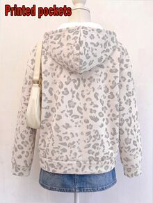 Girls' Soft Off-White Leopard Print Zip-Up Hooded Fleece Sweatshirt Jacket, Thick Fuzzy Lining, Loose Slouchy, Casual Streetwear, Autumn - Multicolor - View 3