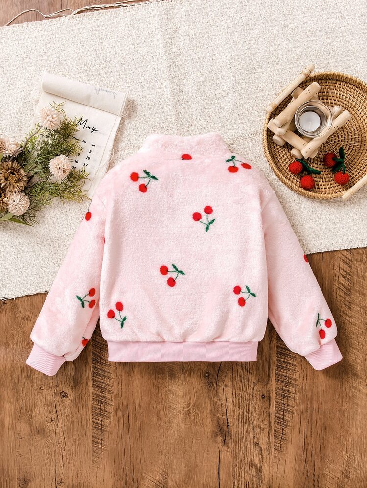 Elladie kids Young Girls Cute Bow & Faux Fur Winter Zipper Jacket, Cherry Print Fleece Jacket For Young Girls, Zip Up Jacket For Career Day, Fall Casual Outings - Pink - View 2