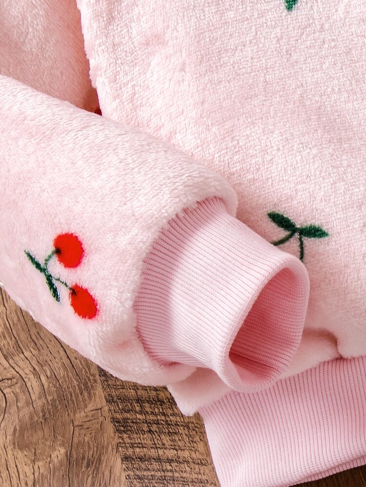 Elladie kids Young Girls Cute Bow & Faux Fur Winter Zipper Jacket, Cherry Print Fleece Jacket For Young Girls, Zip Up Jacket For Career Day, Fall Casual Outings - Pink - View 7