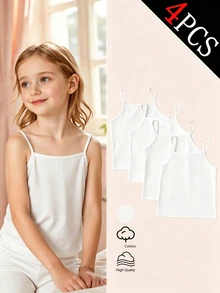4pcs/Set Girls Regular Basic Minimalist Solid Color Camisole Tank Top Underwear Set, Traceable Cotton Fabric Autumn Winter - White - View 5