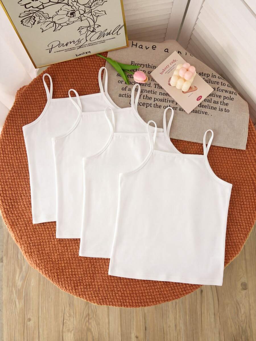 4pcs/Set Girls Regular Basic Minimalist Solid Color Camisole Tank Top Underwear Set, Traceable Cotton Fabric Autumn Winter