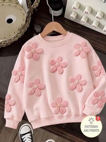 SHEIN [Printed Design] Young Girl Light Pink Crew Neck Fleece Sweatshirt, Autumn/Winter Faux 3D Plush Pearl Flower Print Top, Soft Casual Fairy Princess Pullover Base Layer - Multicolor - View 2