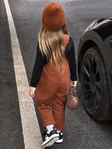 女童燈芯絨休閒鈕扣口袋吊帶收腰連身褲，春秋套裝，棕色，感恩節 7 歲生日，藍色 - 棕色 - 查看 3
