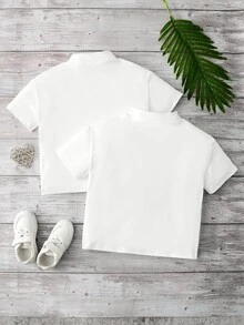 SHEIN 2件組男孩休閒純色白色短袖襯衫與短褲套裝，適合秋季日常、上學、度假、運動、花童 - 白色 - 查看 2