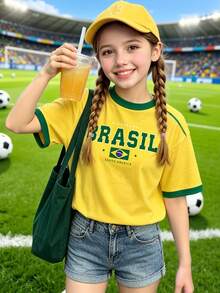 Spring Summer Girl's Casual Brazil Letter Five-Pointed Star Sleeve Splice Green And Yellow Stripe Graphic Print Short Sleeve T-Shirt School Tops - Multicolor - View 3