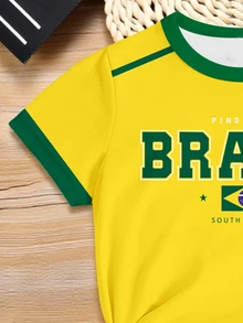Spring Summer Girl's Casual Brazil Letter Five-Pointed Star Sleeve Splice Green And Yellow Stripe Graphic Print Short Sleeve T-Shirt School Tops - Multicolor - View 7