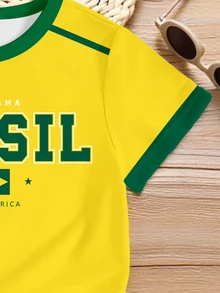Spring Summer Girl's Casual Brazil Letter Five-Pointed Star Sleeve Splice Green And Yellow Stripe Graphic Print Short Sleeve T-Shirt School Tops - Multicolor - View 8