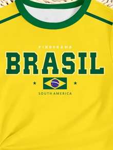 Spring Summer Girl's Casual Brazil Letter Five-Pointed Star Sleeve Splice Green And Yellow Stripe Graphic Print Short Sleeve T-Shirt School Tops - Multicolor - View 6