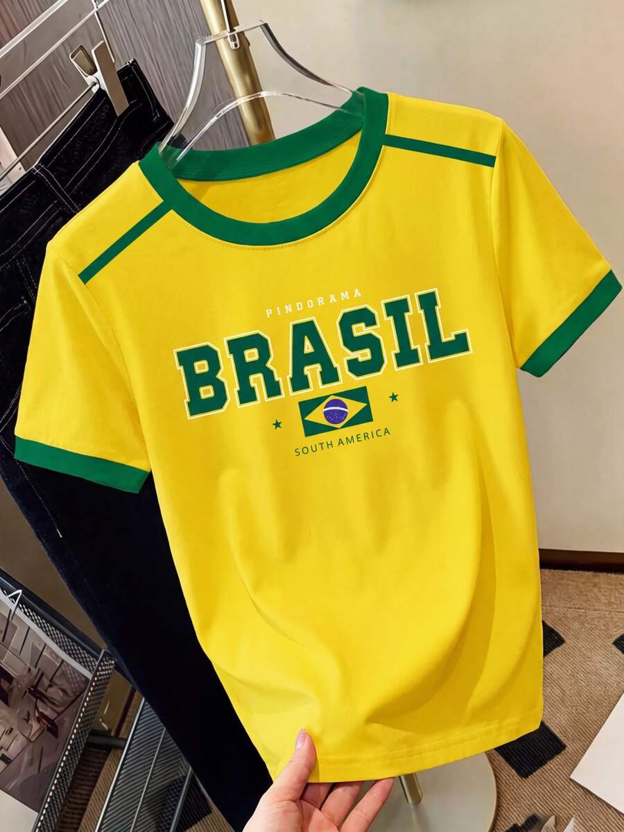 Spring Summer Girl's Casual Brazil Letter Five-Pointed Star Sleeve Splice Green And Yellow Stripe Graphic Print Short Sleeve T-Shirt School Tops - Multicolor - View 1