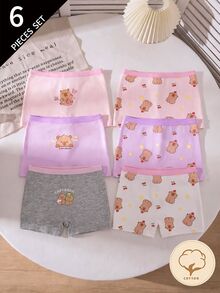 SHEIN 6pcs Girls Cute Cheeky Cartoon Capybara Print Cotton Briefs, Suitable For All Seasons Winter First Birthday Pink Purple White - Multicolor - View 2
