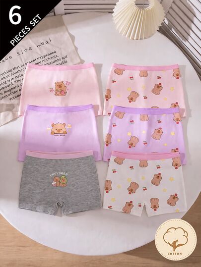 SHEIN 6pcs Girls Cute Cheeky Cartoon Capybara Print Cotton Briefs, Suitable For All Seasons Winter First Birthday Pink Purple White