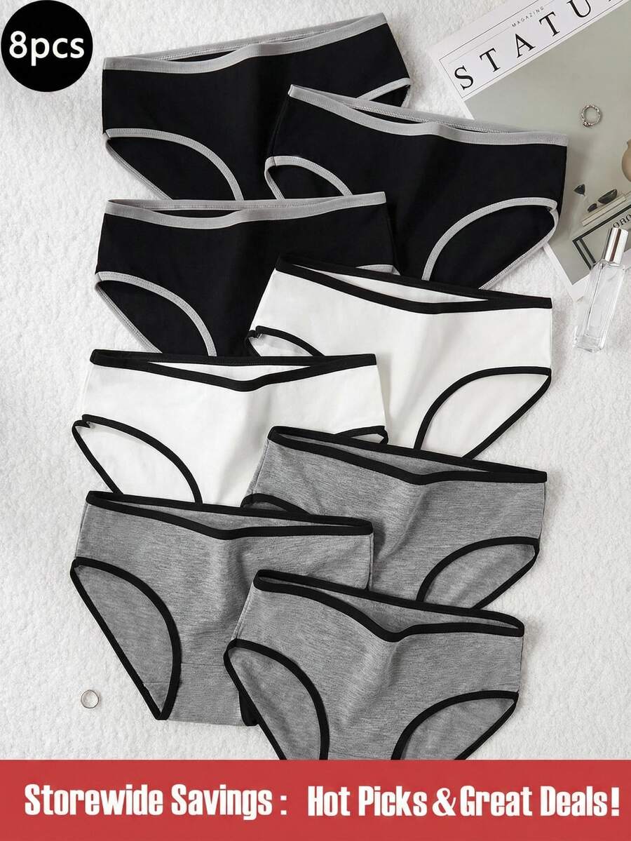 SHEIN 8pcs/Set Tween Girl Simple Fashionable Lightweight Mid-Rise Triangle Briefs Black All White Grey Monochrome Winter Night School Home Sports