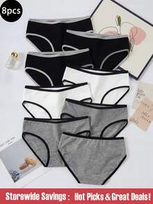SHEIN 8pcs/Set Tween Girl Simple Fashionable Lightweight Mid-Rise Triangle Briefs Black All White Grey Monochrome Winter Night School Home Sports - Multicolor - View 4