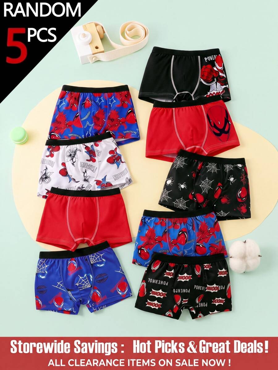SHEIN 5pcs/Pack Young Boy Baby Pink Series Simple Basic College Print Boxer Briefs Summer Autumn Winter - Multicolor - View 1