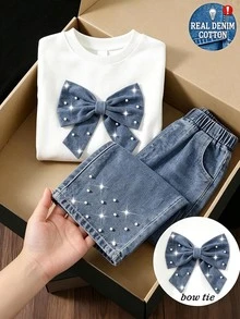SHEIN Elladie kids Young Girls Denim Bow Hoodie & Sweatshirt Co-Ords, New Fall Styles, New Fall Looks, Back To School, Denim Two Pieces Set Enim Bow Beading - White - View 5