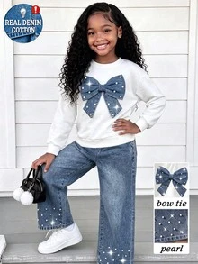 SHEIN Elladie kids Young Girls Denim Bow Hoodie & Sweatshirt Co-Ords, New Fall Styles, New Fall Looks, Back To School, Denim Two Pieces Set Enim Bow Beading - White - View 7