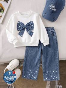 SHEIN Elladie kids Young Girls Denim Bow Hoodie & Sweatshirt Co-Ords, New Fall Styles, New Fall Looks, Back To School, Denim Two Pieces Set Enim Bow Beading - White - View 2