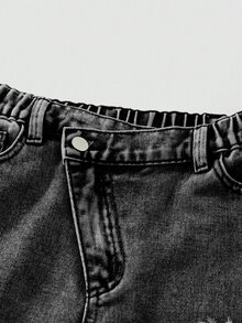 SHEIN 青少年女孩 Y2K 休閒 Grunge 風深灰色破洞磨損不對稱腰線寬鬆破洞牛仔褲 秋季校園假期街頭風運動長褲 - 黑色 - 查看 6