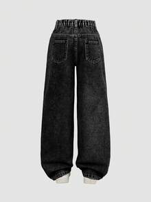 SHEIN 青少年女孩 Y2K 休閒 Grunge 風深灰色破洞磨損不對稱腰線寬鬆破洞牛仔褲 秋季校園假期街頭風運動長褲 - 黑色 - 查看 3