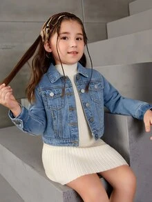 SHEIN Young Girls Denim Jackets Coats New Fall Collection Fashion Cowboy Casual Preppy Style Versatile Minimalist For Daily Wear Baby Blue Classic Vintage - Medium Wash - View 3
