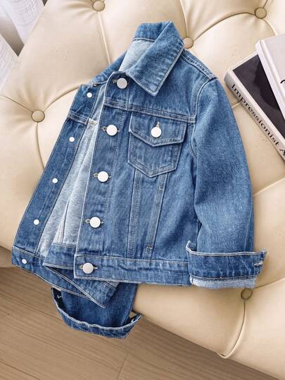 SHEIN Young Girls Denim Jackets Coats, New Spring/ Collection, Fashion Casual Preppy Style, Versatile Minimalist For Daily Wear, Baby Blue Classic Vintage