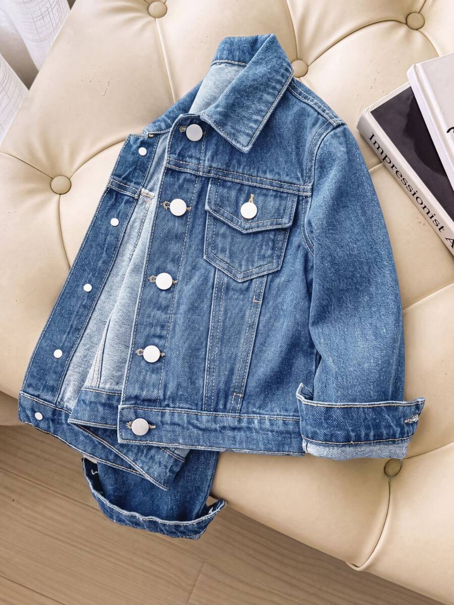 SHEIN Young Girls Denim Jackets Coats New Fall Collection Fashion Cowboy Casual Preppy Style Versatile Minimalist For Daily Wear Baby Blue Classic Vintage - Medium Wash - View 1